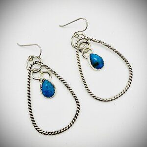 Sterling Silver Faceted Turquoise Teardrop Hoop Dangle Earrings 925